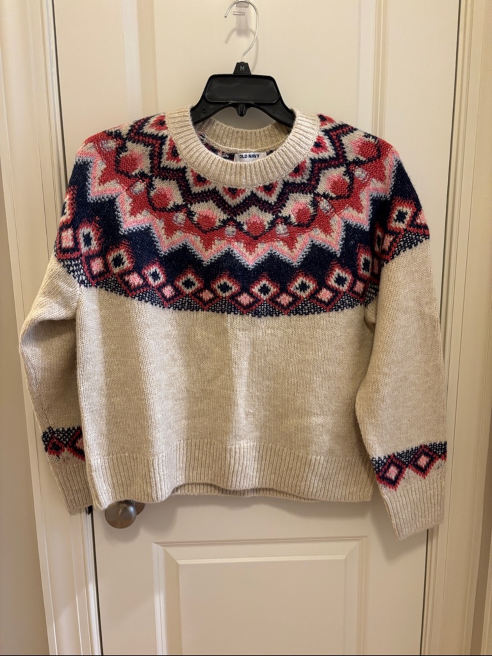 Old Navy Cream Crewneck Sweater with Pink and Navy Fair Isle Yoke